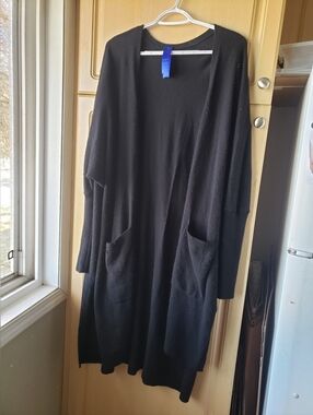 Long Black Merino Wool Cashmere Blend Open-Front Cardigan with Pockets Oversized